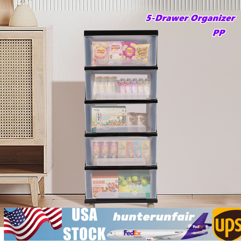 Black Plastic Storage Box 5 Drawer Box Anti-corrosion With Wheels Floor Mount ﻿