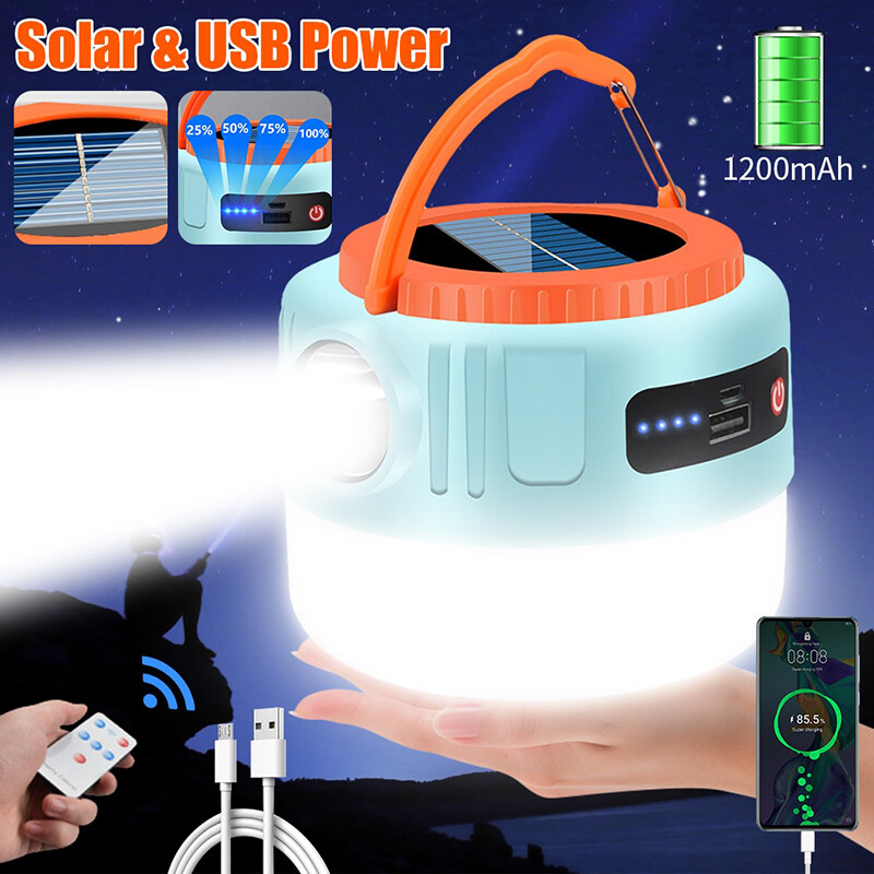 Solar Camping LED Lamp USB Rechargeable Tent Light Outdoor Hiking Remote Lanter