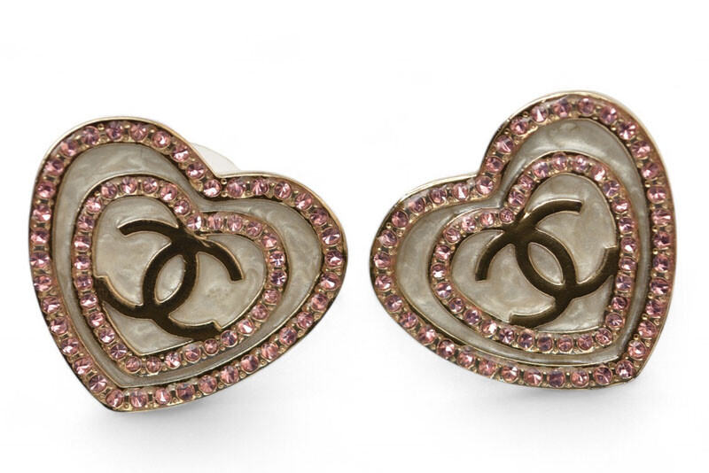CHANEL Pierce Accessory CC/Heart Motif Rhinestone Rose/Gold B24