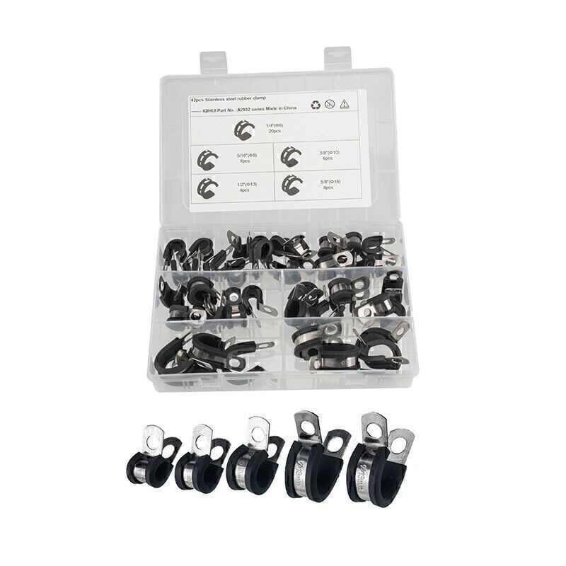 42PCS Rubber Cushioned Insulated Stainless Steel Cable Clamps Assortment Kit