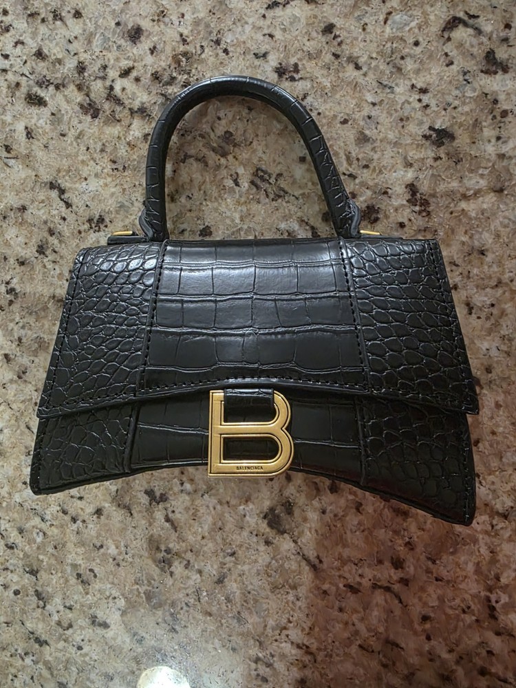 Balenciaga Hourglass Top Handle Bag Small Black Leather Crocodile Effect