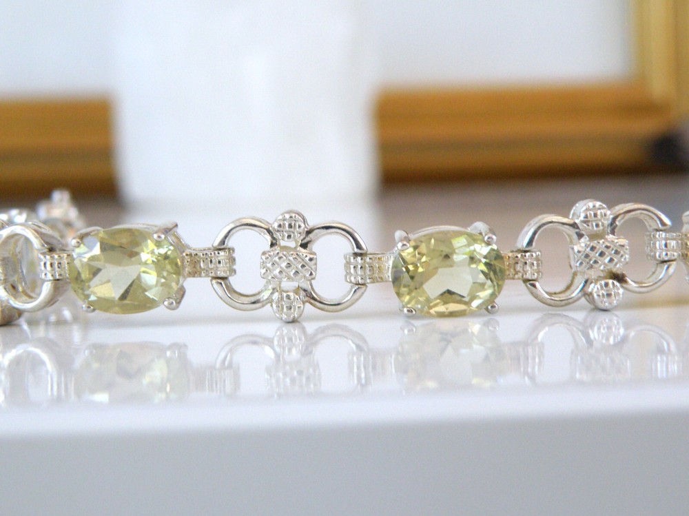 Estate Sterling Silver 925 Natural Citrine Tennis Link Station Bracelet Fits 7