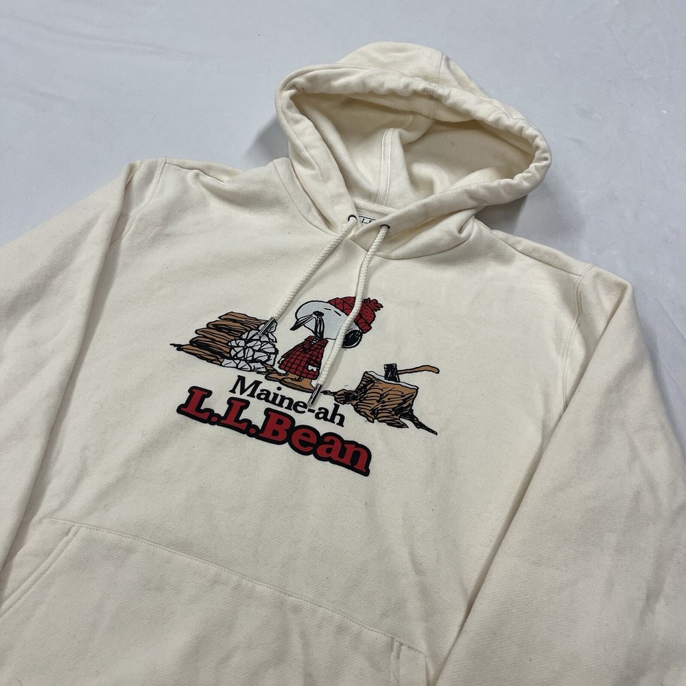 LL Bean Peanuts Hoodie Men’s Sz Medium Cream Snoopy Maine-ah Hiking Sweatshirt