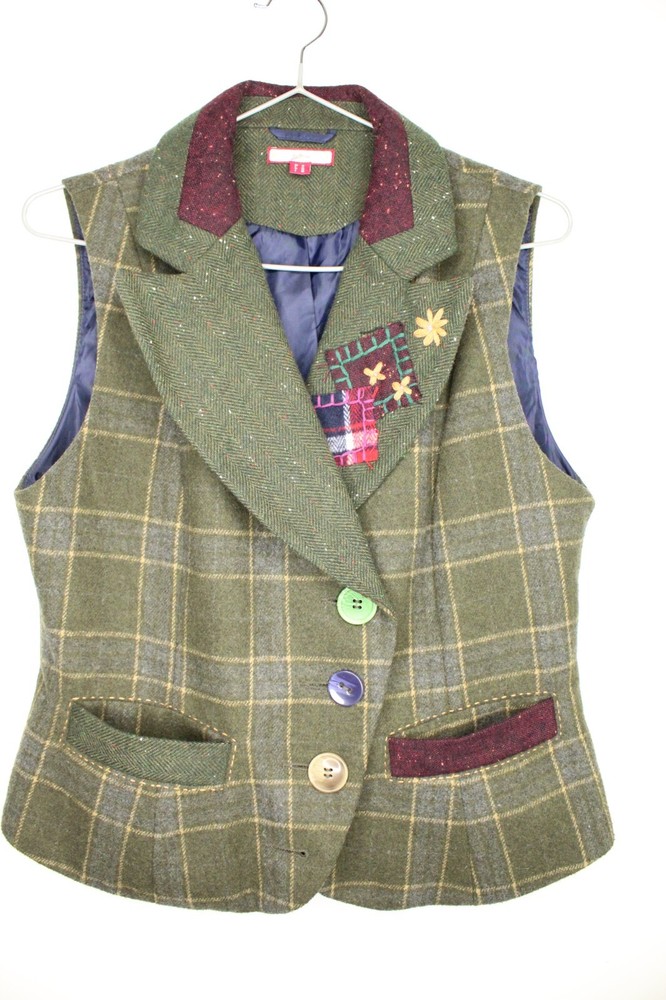 joe browns wool vest plaid  womens 8 size green color emroidered EU 38