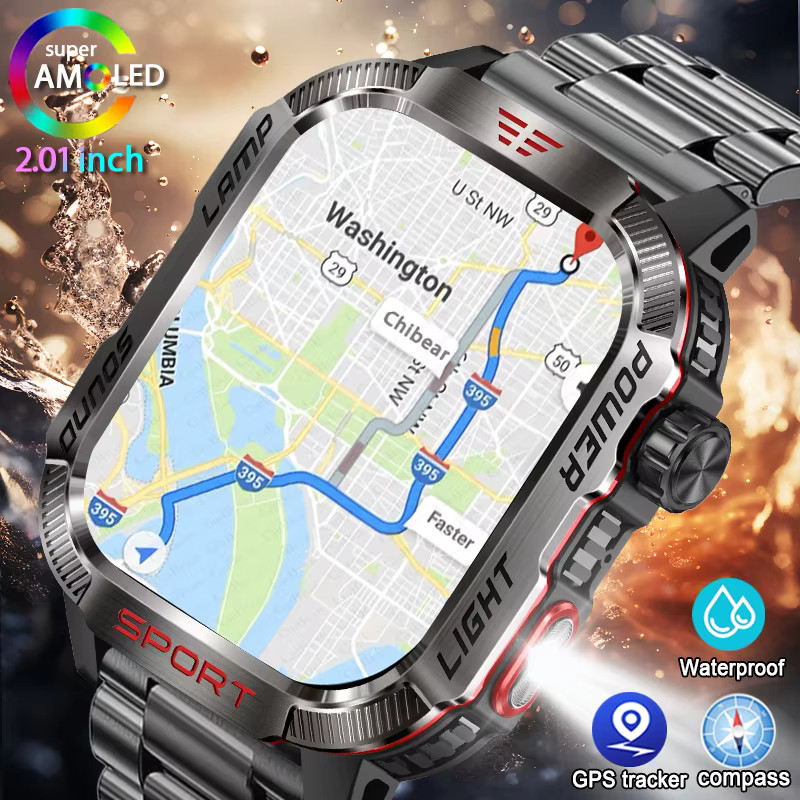 New Military Smart Watch Men Waterproof Bluetooth Call Flashlight Compass 600mAh