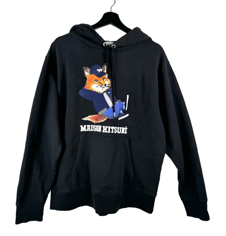 Maison Kitsune Paris Logo Embroidered Cotton Jersey Hoodie black 90s sz M