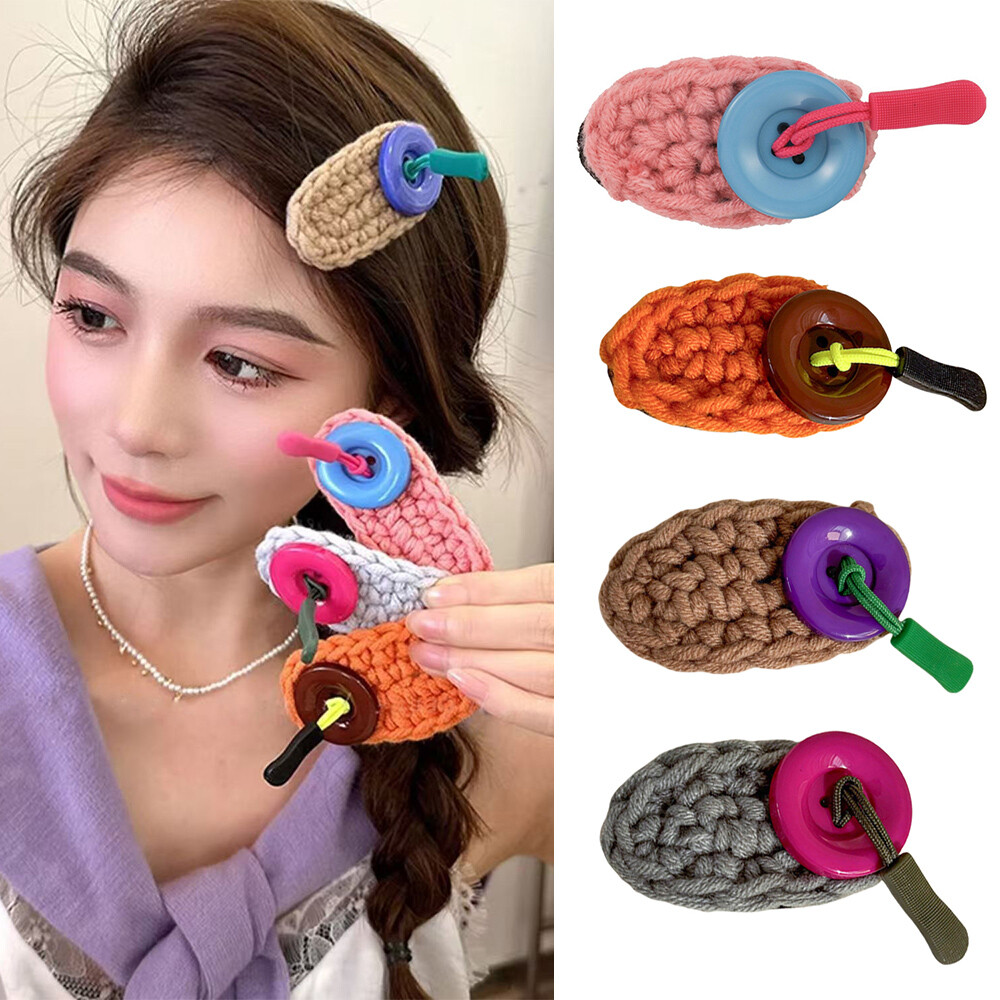 Woven Wool Side Bangs Clip Button Knitted Hairpin for Stylish Hold