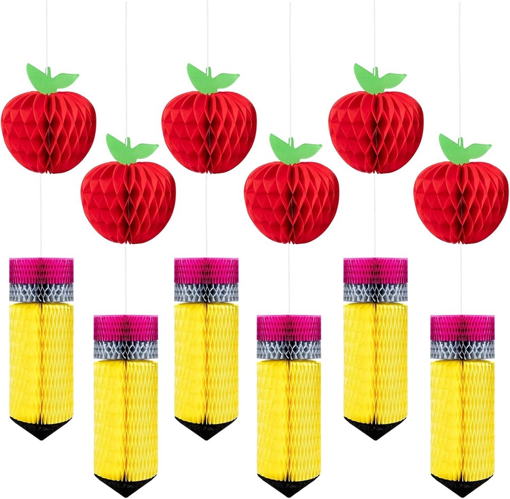 12Pcs Apple & Pencil Honeycomb Decor for Back to School Classroom
