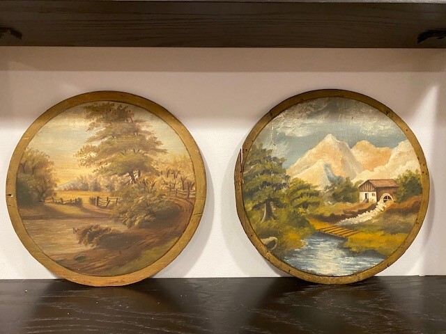 Vintage English Wooden Wine Barrel Lid Oil Paintings from Late 19th Century