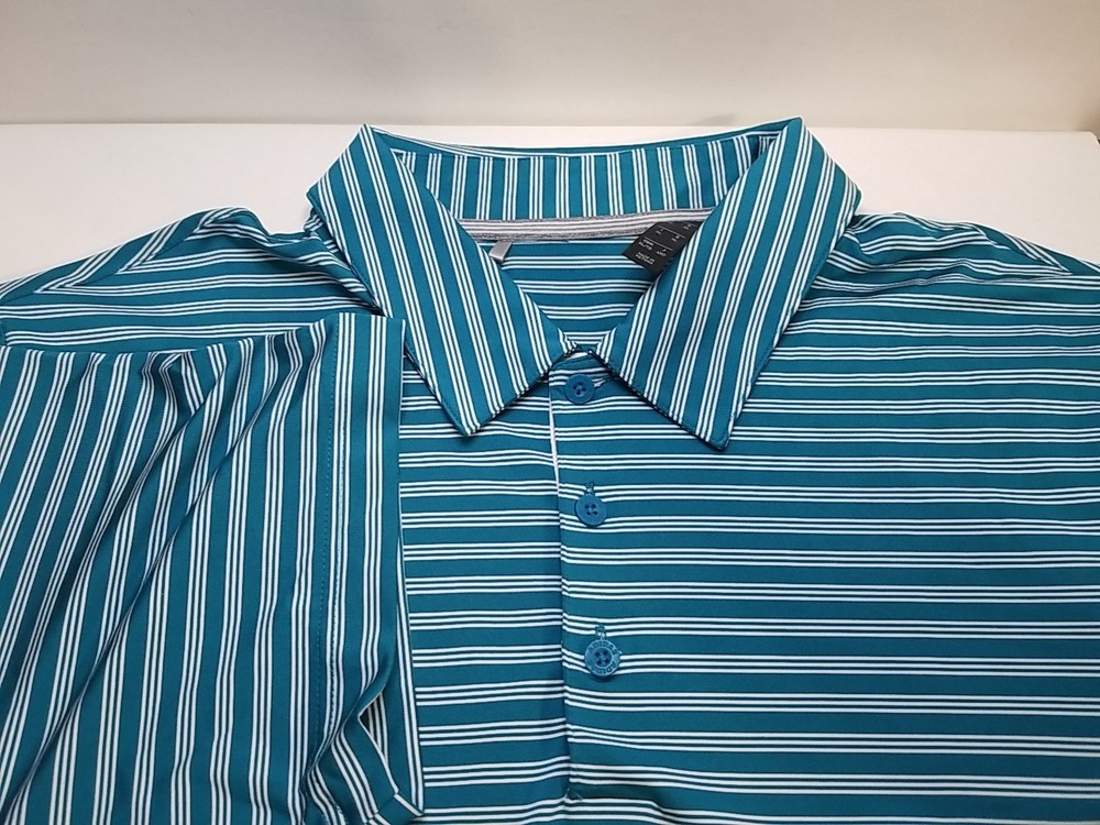 Adidas Golf Mens XL Teal Blue White Striped Short Sleeve Golf Polo Shirt