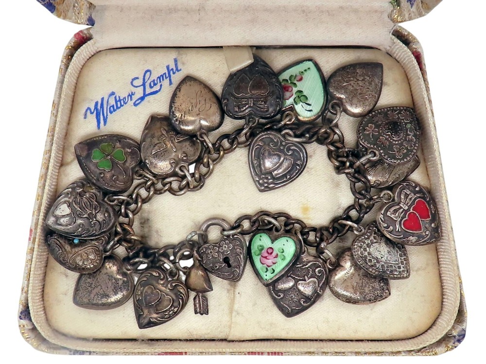 Vintage Walter Lampl repousse puffy heart charm bracelet with 20 rare charms