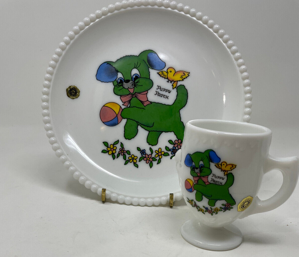 Vintage Westmoreland Puppy Patch Child Plate and Cup Set Never Used Chick Mug
