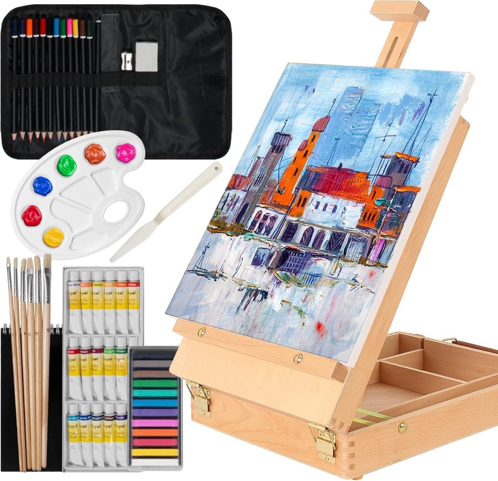 45-Piece Portable Art Kit with Wooden Box Easel - Ideal for Beginners & Artists