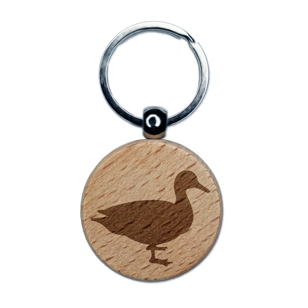 Duck Standing Solid Engraved Wood Round Keychain Tag Charm
