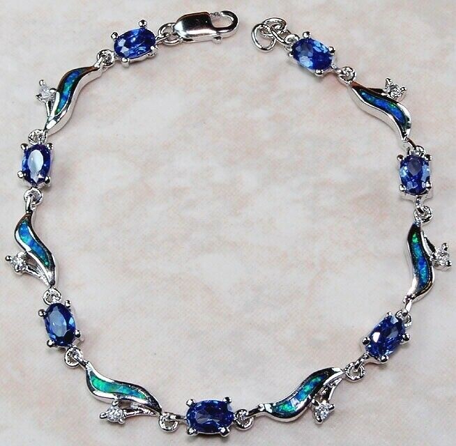 Treated Sapphire & Australian Opal Inlay 925 Sterling Silver Tennis Bracelet OX4