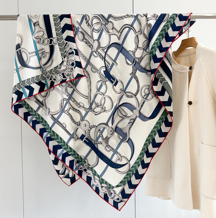 70% Cashmere 30% Silk Wrap 135X135cm Scarf Blue ribbon Print Double Face Shawl