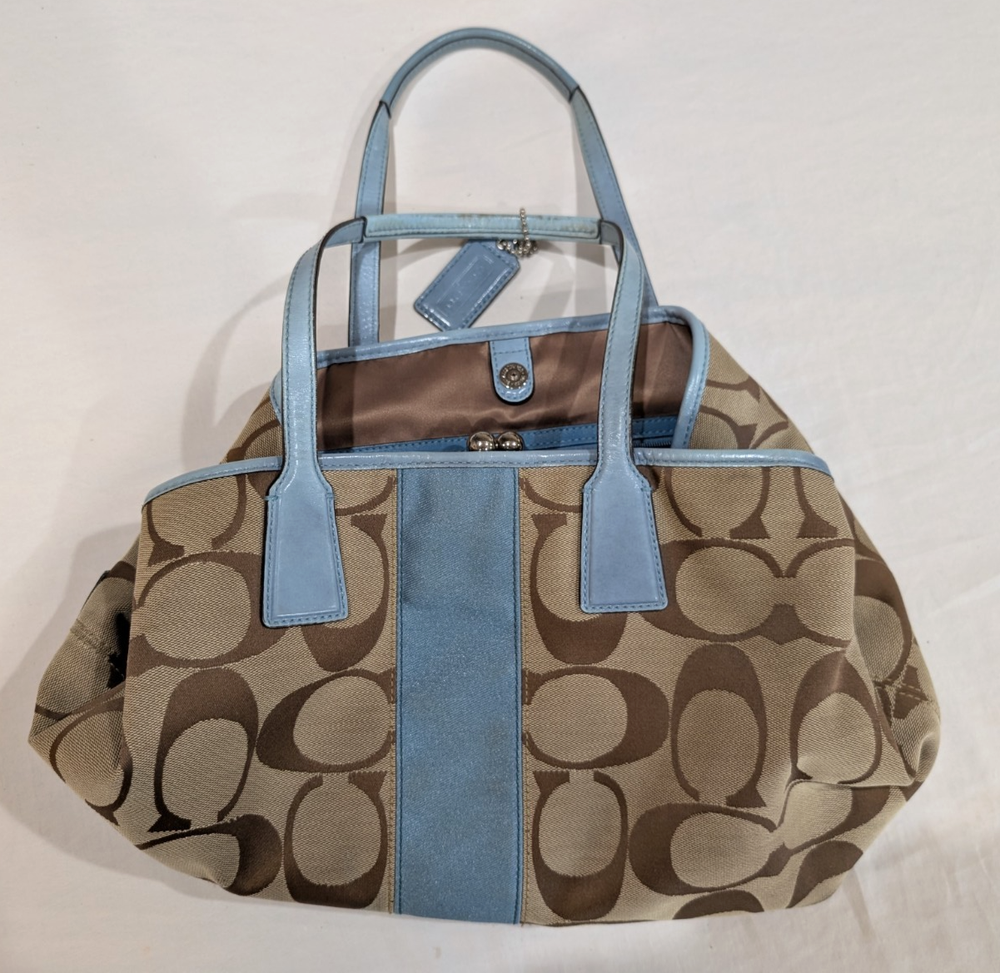 Coach Signature Stripe Kisslock Carryall Purse F13533 Khaki/Blue Free Shipping