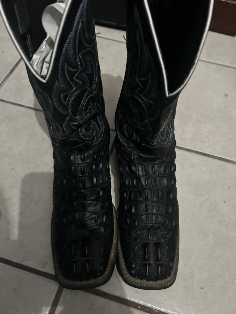 Cavenders Mens Black Hornback Alligator Print Grey Blue Size 11DWide Square Toe