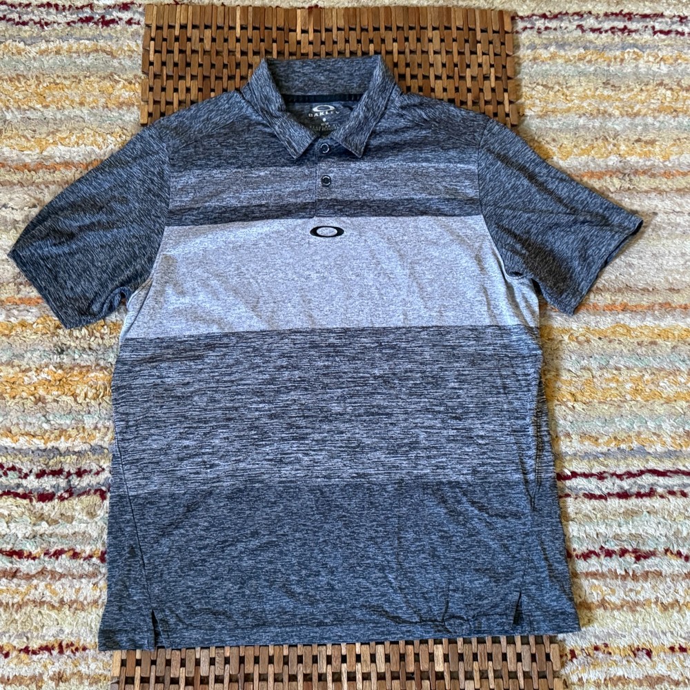 Oakley Performance Stretch Grey Striped Golf Polo Shirt Men's Size Medium M