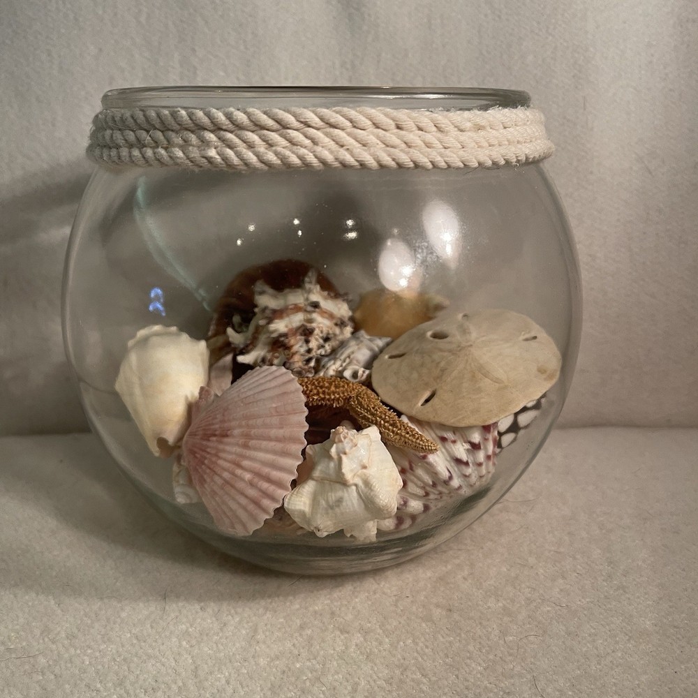 Clear Glass Round Fish Bowl Vase W/ Rope Accent & Shells Nautical Decor