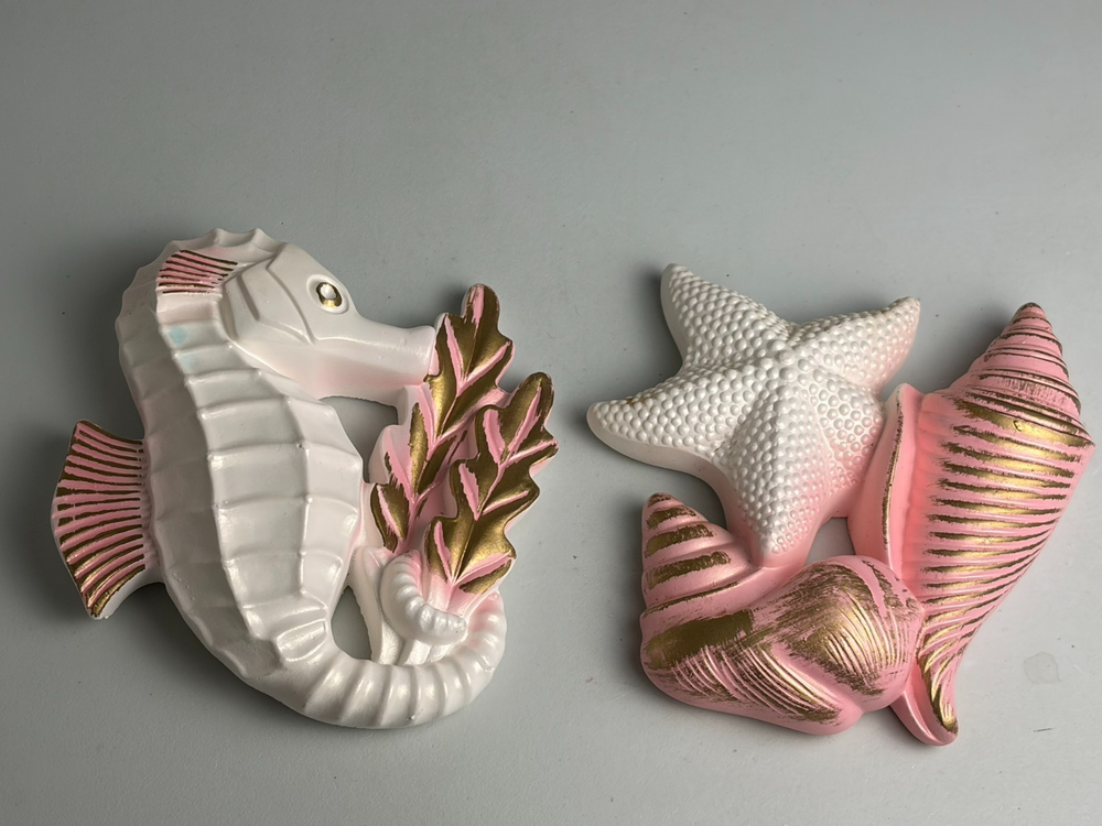 Vintage Miller Studio Chalkware Pink Seahorse Starfish and Shells 70s Wall Decor