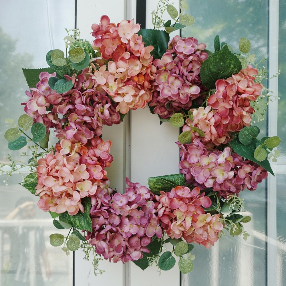 18-Inch Artificial Hydrangea Spring Summer Wreath for Front Door with PU Flowers
