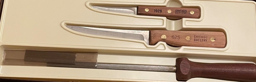Vintage Chicago Cutlery 3 Pc. Knife Set 62S & 102S, Sharpener Walnut Wood
