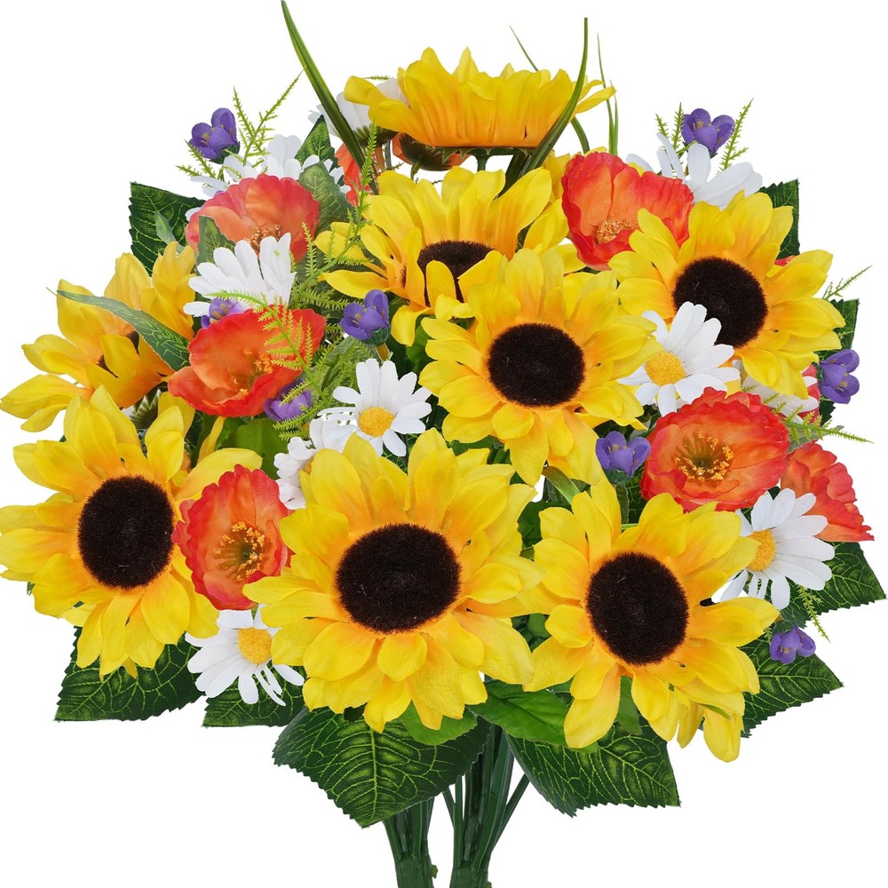 Cemetery Flowers for Grave, 2 Bundles Silk Sunflower Yellow Flower for Cemetery