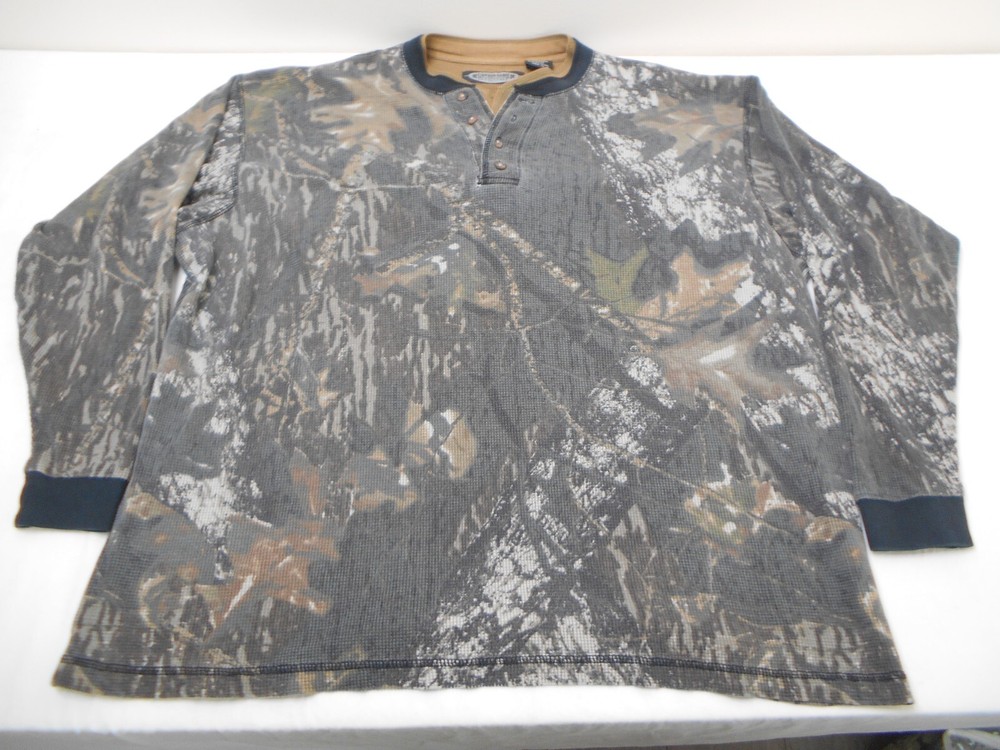 Vintage Y2K Waffle Knit Henley Button Shirt in Hardwood Camo Size Large Hunting Style