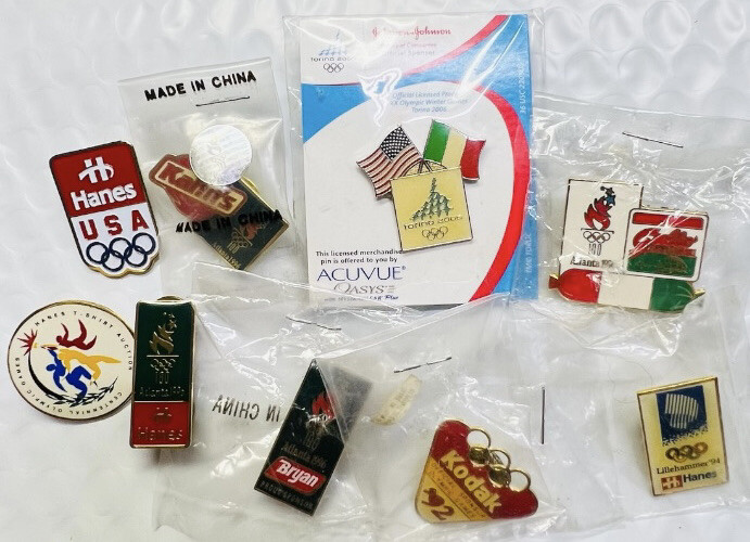 Vintage & New Olympic Sponsor Hat & Lapel Pin Lot - 9 Assorted Years-image