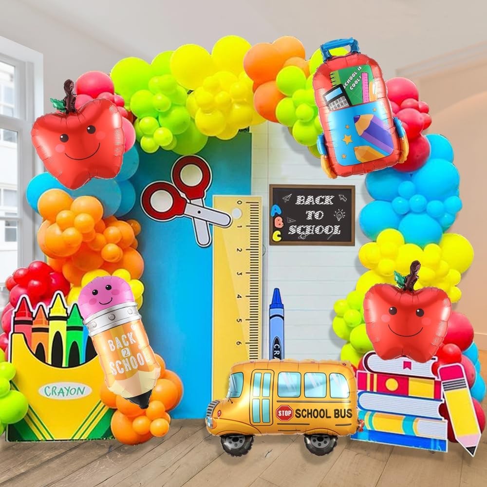 158pcs Back to School Balloon Garland Kit with School Bus Pencil House Foil Decorations-image