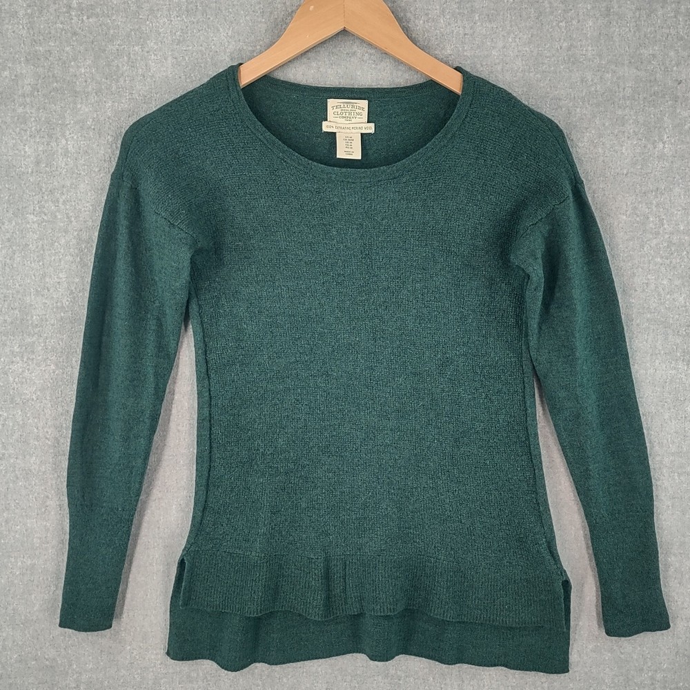 Telluride Clothing Sweater Womens Green Extra Fine Merino Wool Ruffle Pullover