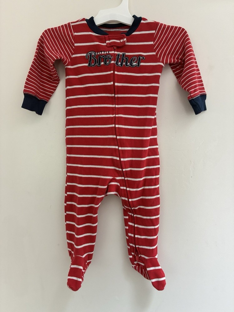 Carter's Baby Boy Little Brother Striped 2-Way Zipper Cotton Sleep & Play Red 9M