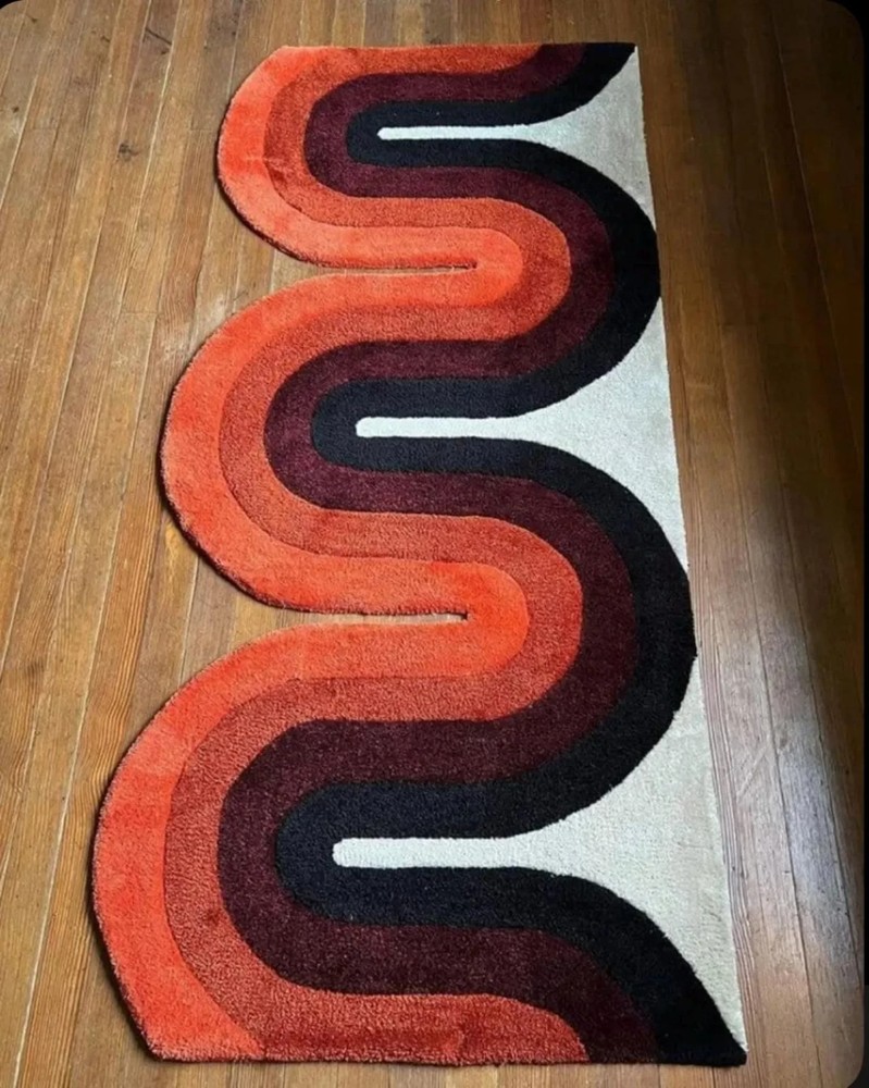 Hand Tufted Retro Runner Rug, Orange Brown Wavy Hallway Carpet,