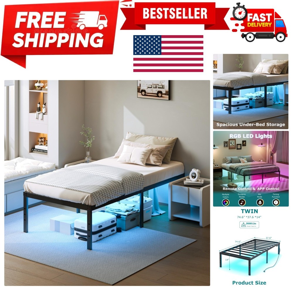 Twin Size Bed Frame w/LED Light & Charging Station Heavy Duty Metal Platform Bed