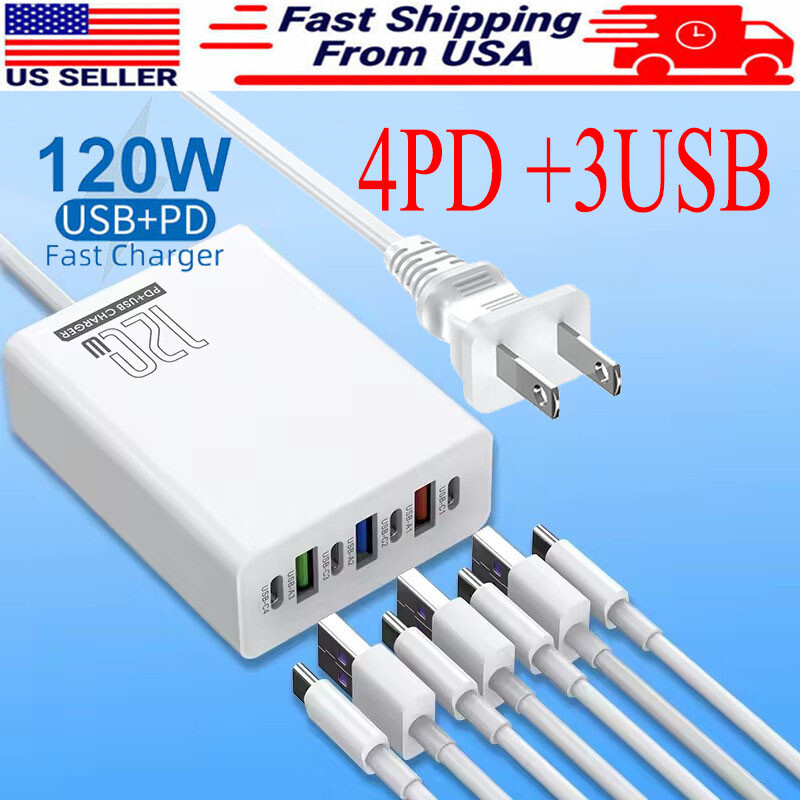 120W 6-Port USB-C Fast Wall Charger Block for Multiple Device Charging