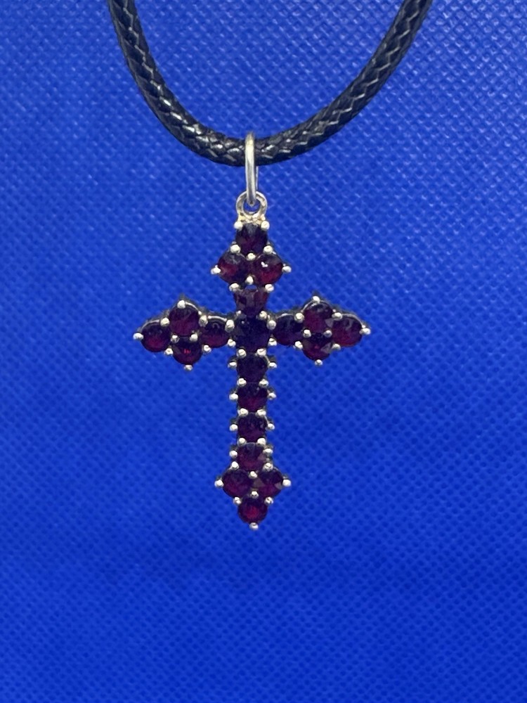 K28 Antique 34x20 mm Cross 900 Silver Pendant Red Garnet 1.9g BOHO Bohemian Gold