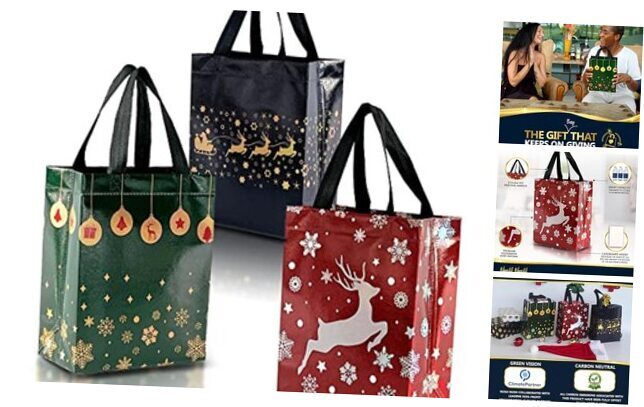 Christmas Gift Bags – 12 Reusable Gift Bags - Festive Mix - Medium Size