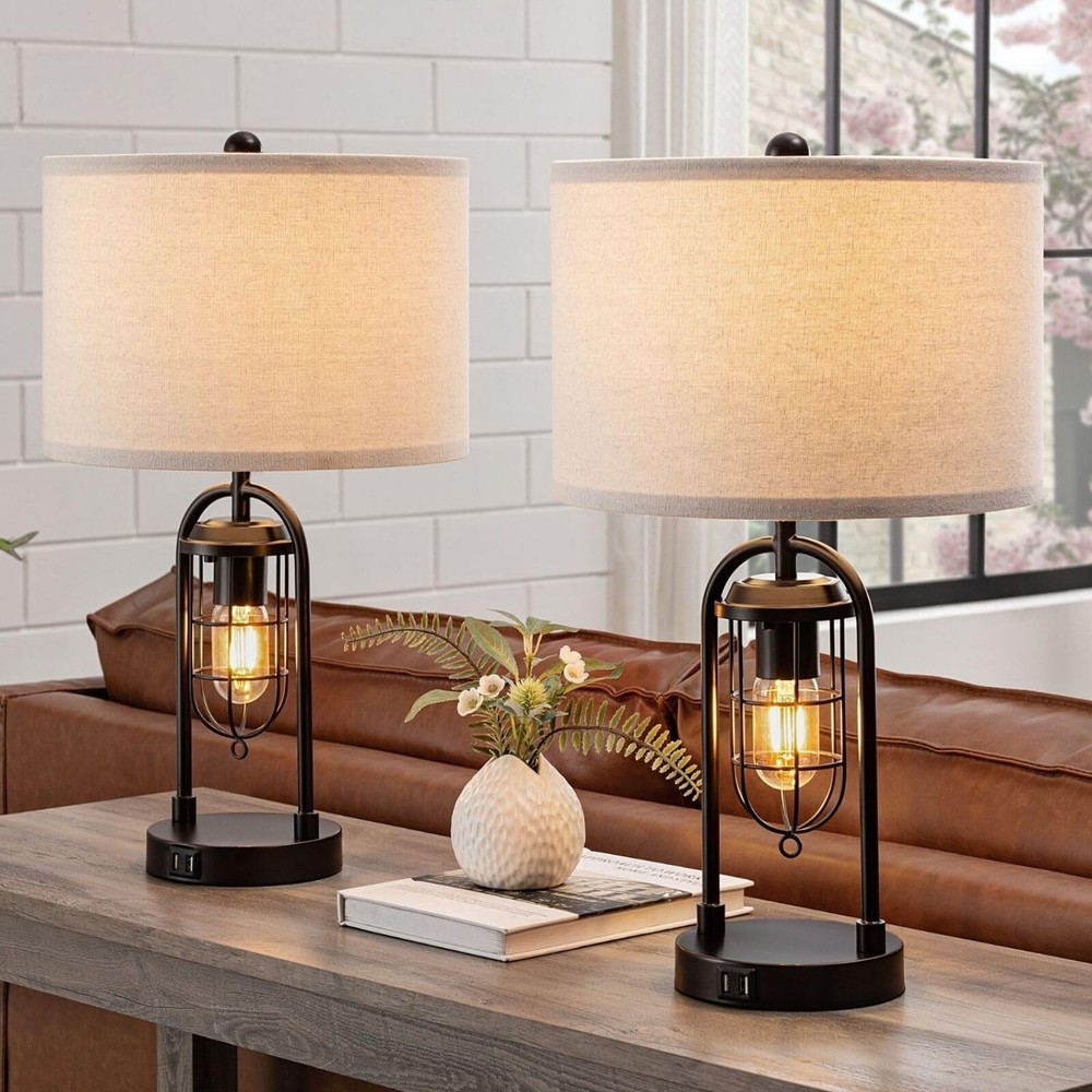 KAWOTI 2-Pack Farmhouse Table Lamps with USB Ports & Night Light Modern Design
