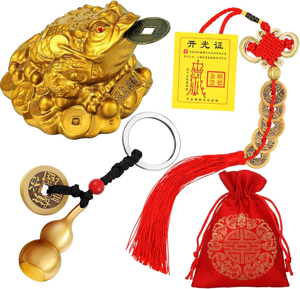 3 Pieces Feng Shui Money Frog Chinese Knot Lucky Coins Brass Wu...