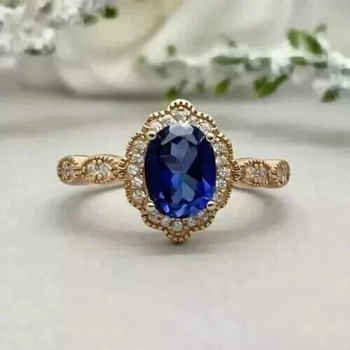 2.55 Ct Oval Cut Blue Sapphire Wedding Ring 14k Solid Yellow Gold