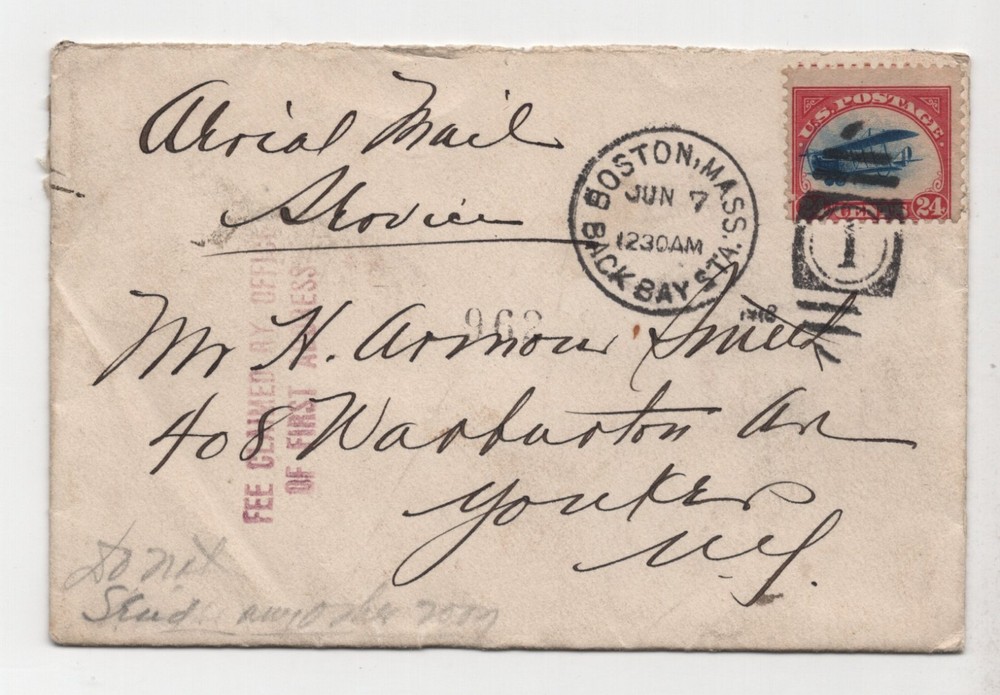 US 1918 BOSTON MASSACHUSETTS TO NY FIRST GOVT FLIGHT SCOTT C3