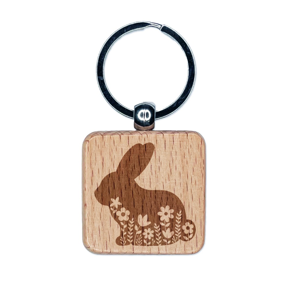 Floral Bunny Easter Engraved Wood Square Keychain Tag Charm