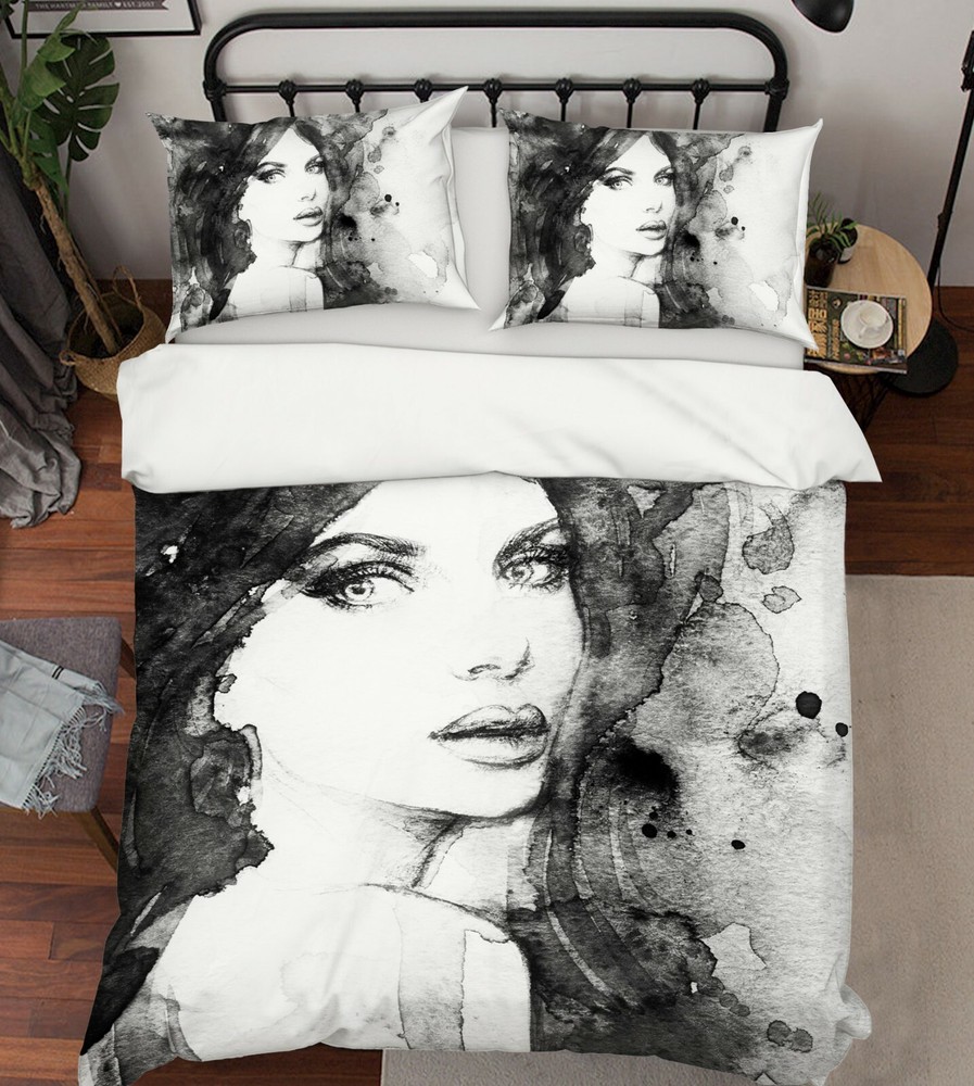 3D Black Ink Girl ZHUA216 Pillowcases & Quilt Cover Set for Queen King Bed