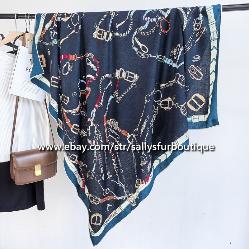 Sallys Navy Cashmere Silk Double Face Shawl with Chains Print 53 Inches