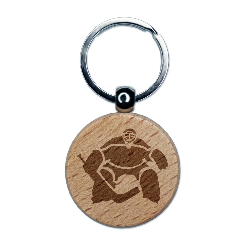Hockey Goalie Goalkeeper with Stick Engraved Wood Round Keychain Tag Charm