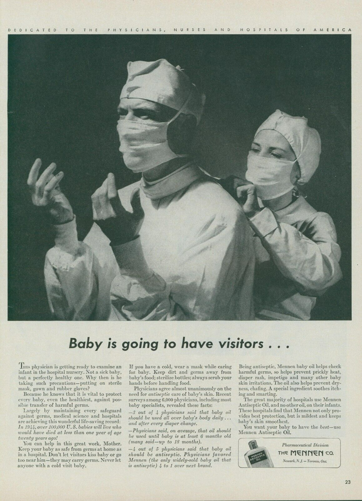 1944 Mennen Antiseptic Oil Vintage Doctor Nurse Gown Mask Baby Protection Ad L20