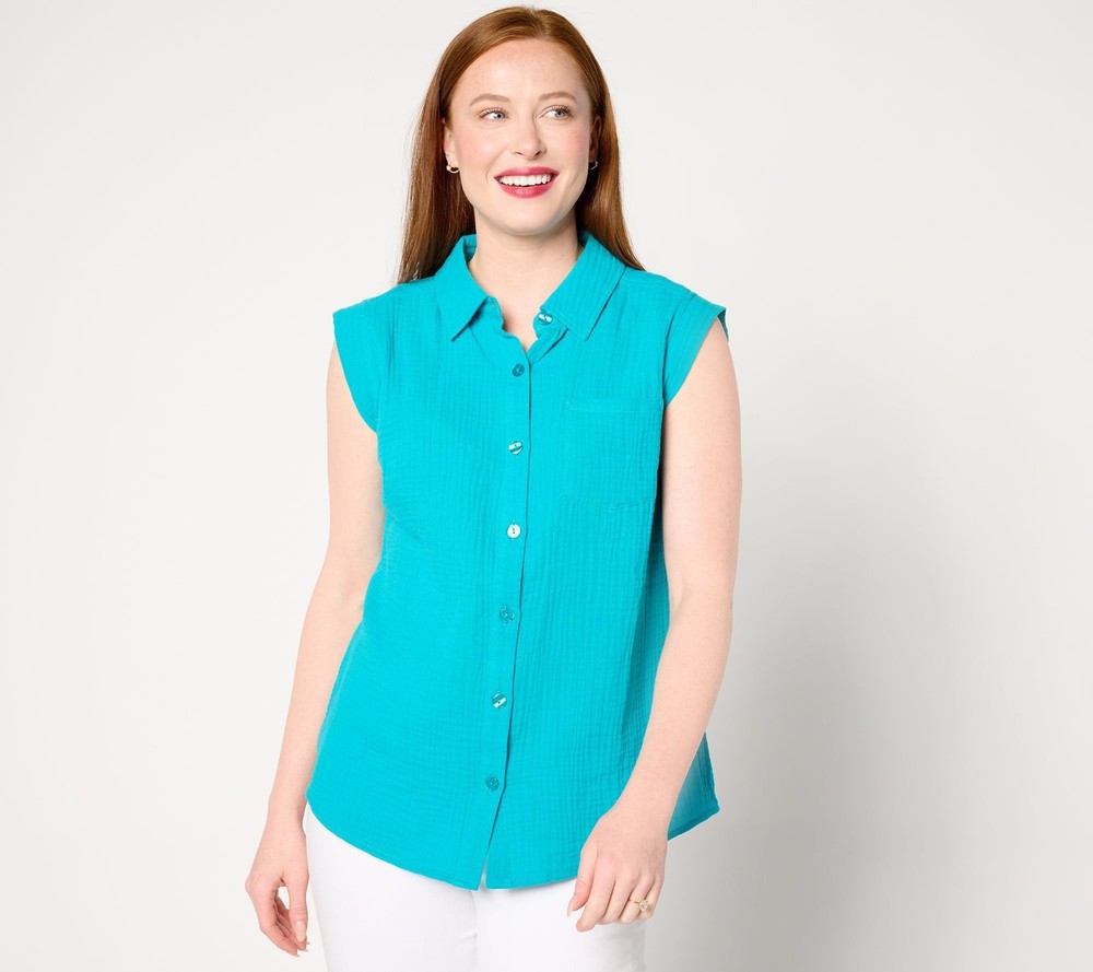 Belle by Kim Gravel Women's Top Sz L Beach Cotton Gauze Sleeveless Blue A676072
