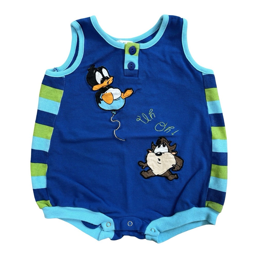 Vintage 90s Baby Looney Tunes Romper Unisex 18 Months Blue Striped Daffy Taz