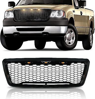 Front Bumper Grille Grill for 2004-2008 Ford F-150 with 3 LED Lights Gloss Black